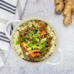 Top-down shot of Korean Beef Bowl with Cauliflower Rice.