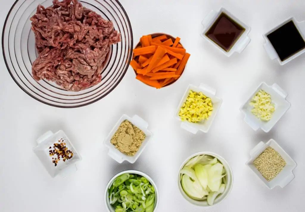 prepped ingredients to make korean beef bowls.