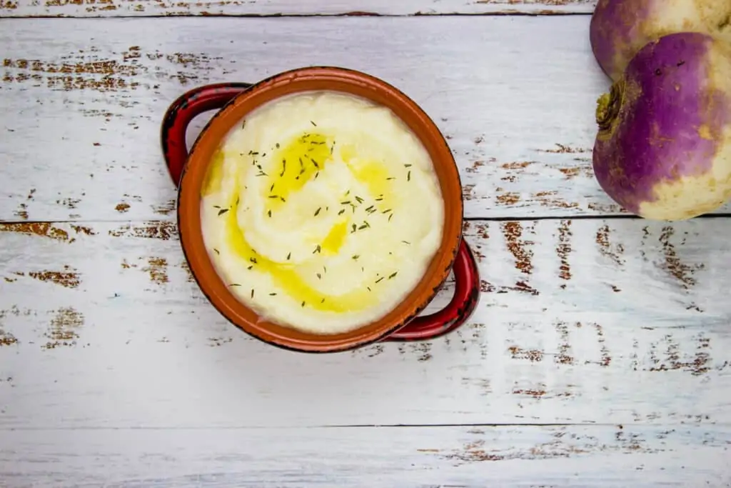 mashed turnips in a serving bowl