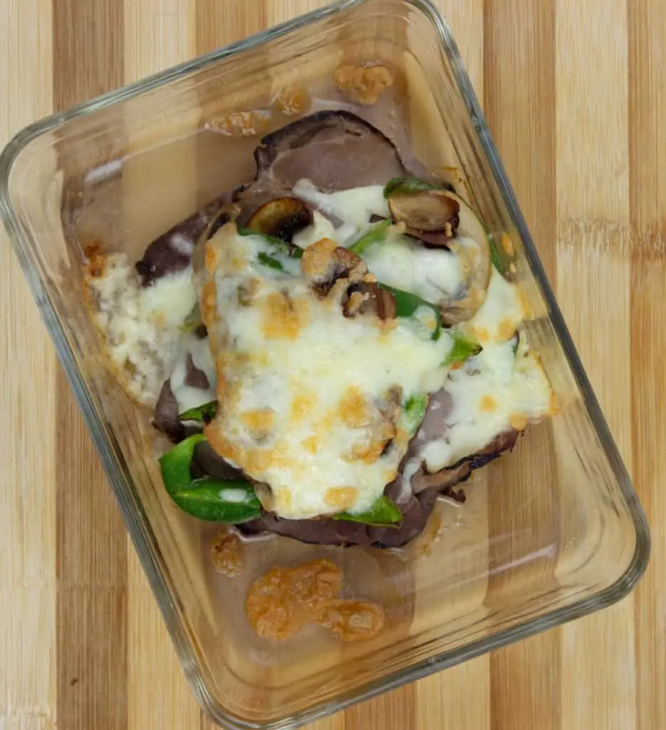 Baked keto philly cheesesteak stacks in a glass baking dish.