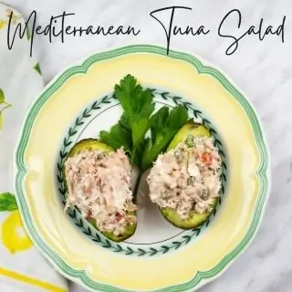 mediterranean tuna salad in an avocado on a plate