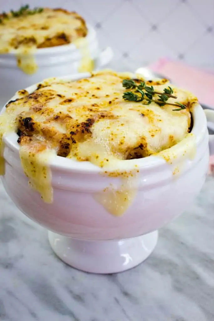 keto french onion soup topped with a cheesy layer
