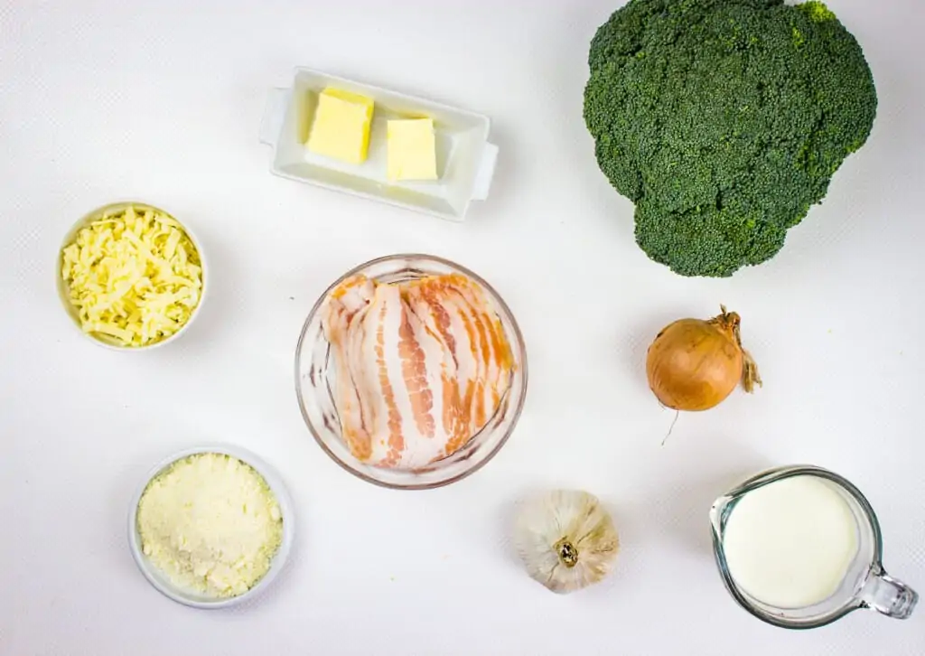 ingredients to make keto broccoli casserole with parmesan and bacon