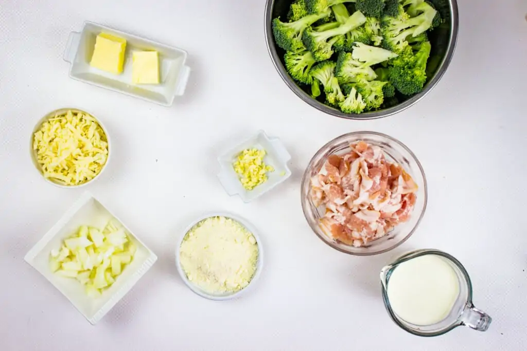 prepped ingredients to make keto broccoli casserole with parmesan and bacon
