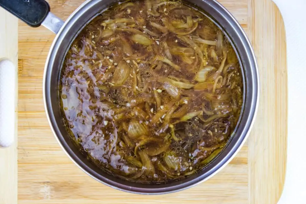 keto french onion soup simmered and ready to top with cheese