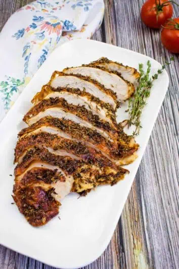 air fryer turkey breast on a white platter