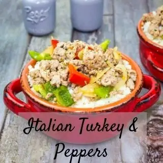 Italian ground turkey & peppers in a red dish with cauliflower rice
