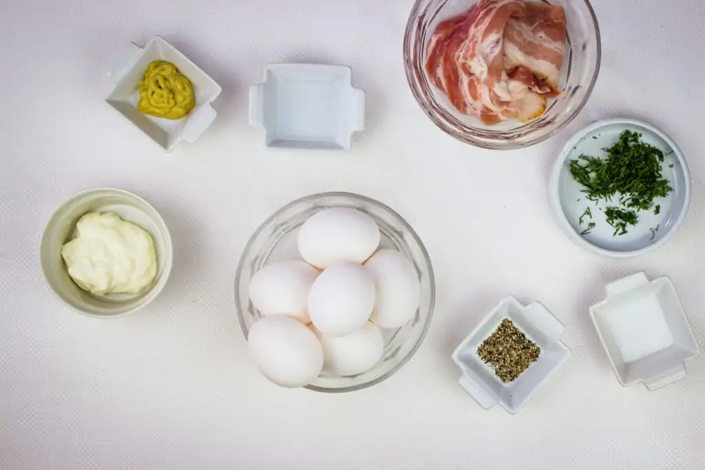 Ingredients to make keto deviled eggs with bacon