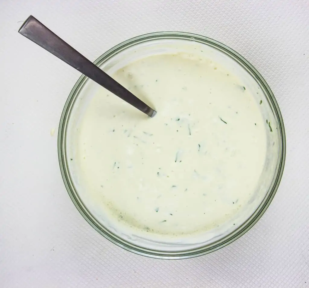 smooth and creamy keto blue cheese dressing in a bowl