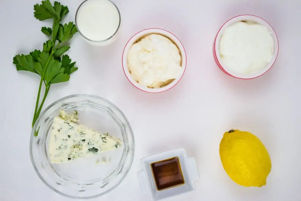 Ingredients to make keto blue cheese dressing recipe.