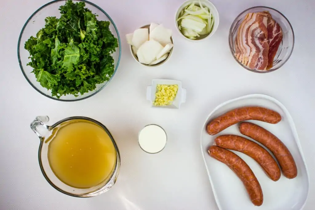 Prepped ingredients to make keto zuppa toscana soup recipe