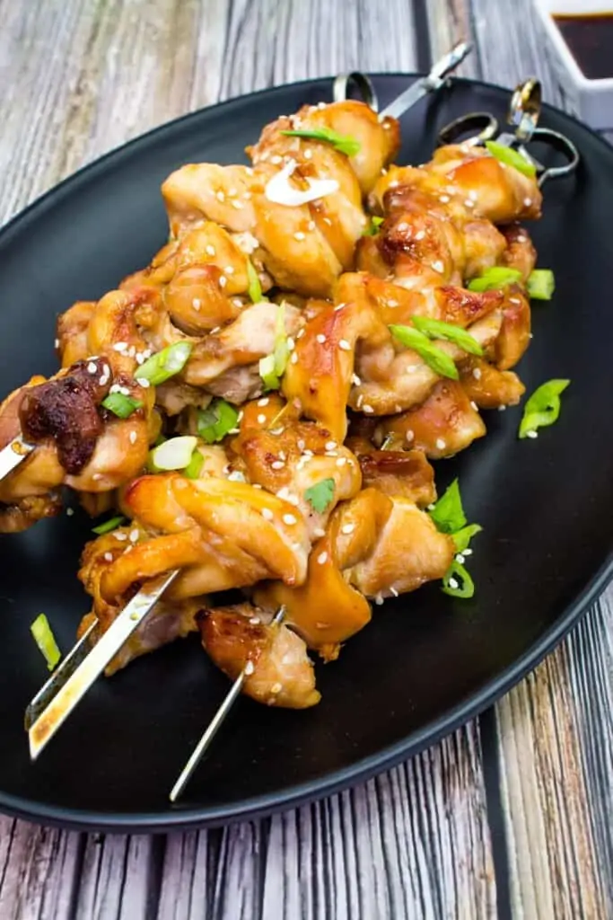 keto chicken teriyaki skewers on a platter