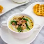 keto zuppa toscana soup in a white soup bowl with a second in the background