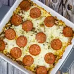 keto pizza casserole in a square dish