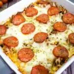 keto pizza casserole in a baking dish