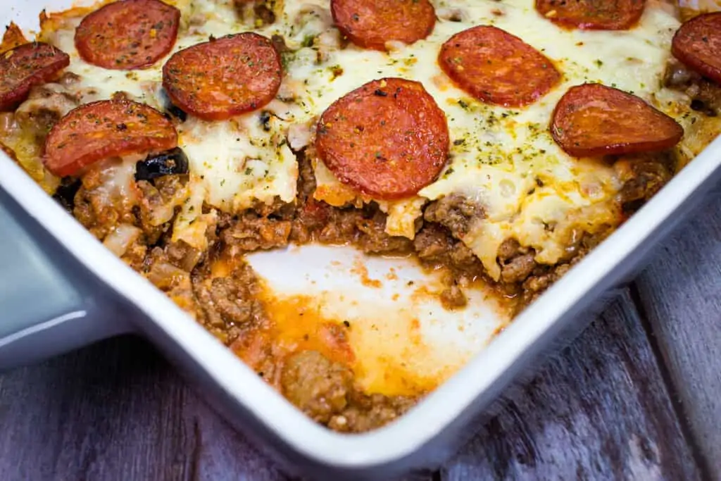 keto pizza casserole in a serving dish