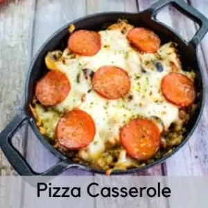 keto pizza casserole in a round casserole dish