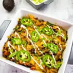 keto taco casserole in a square casserole dish