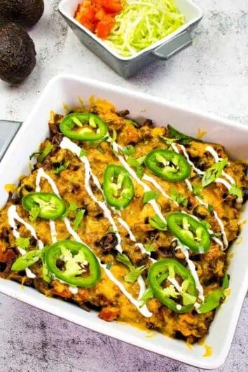 keto taco casserole in a square casserole dish