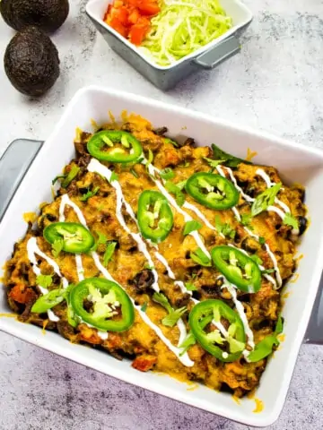 keto taco casserole in a square casserole dish