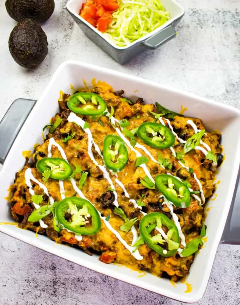 keto taco casserole in a square casserole dish