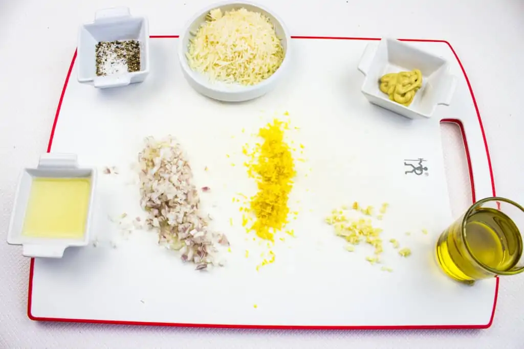 prepped ingredients to make cold asparagus salad with lemon and parmesan