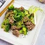 keto ground beef and broccoli on a square plate