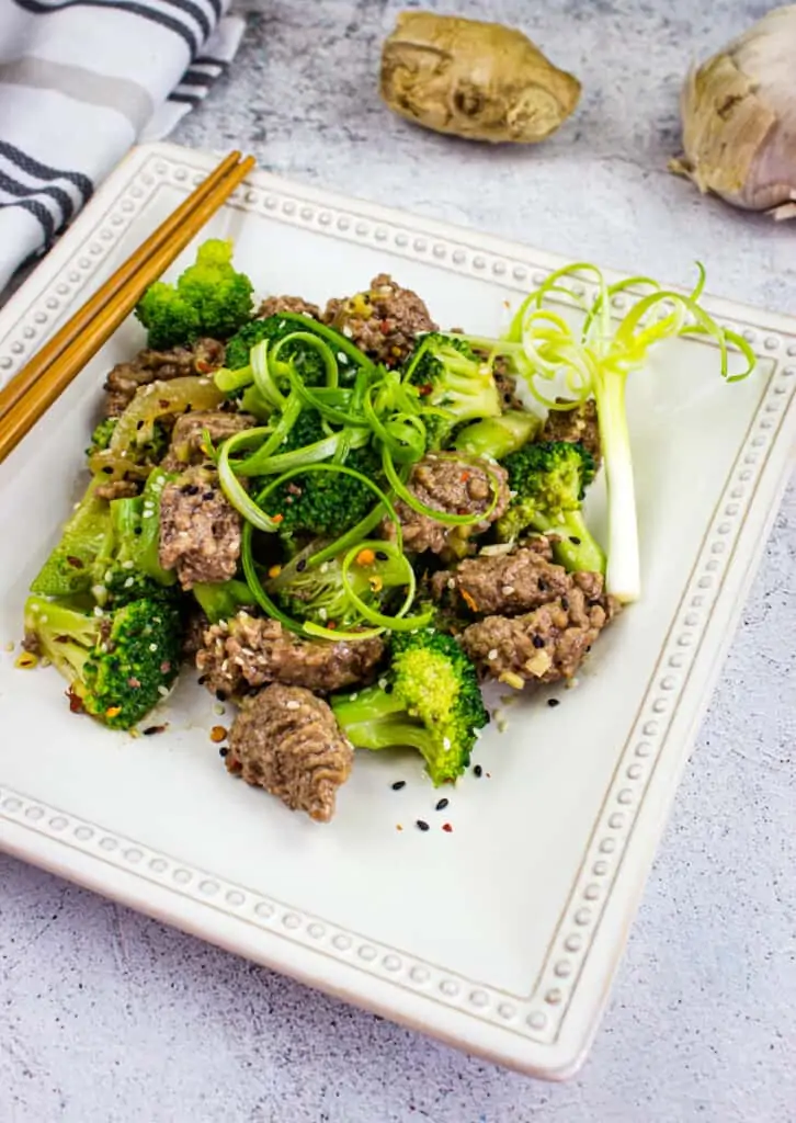 keto ground beef and broccoli on a square plate