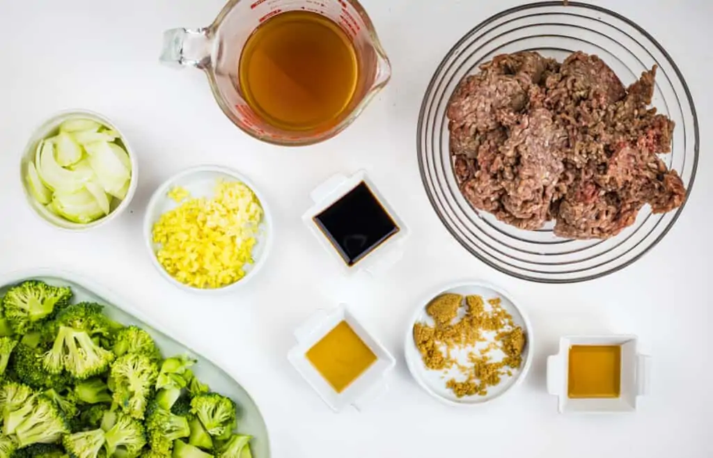 prepped ingredients to make keto ground beef and broccoli
