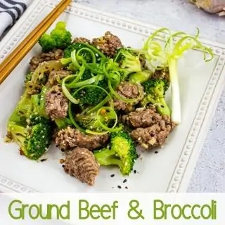 Ground Beef & Broccoli on a white plate.
