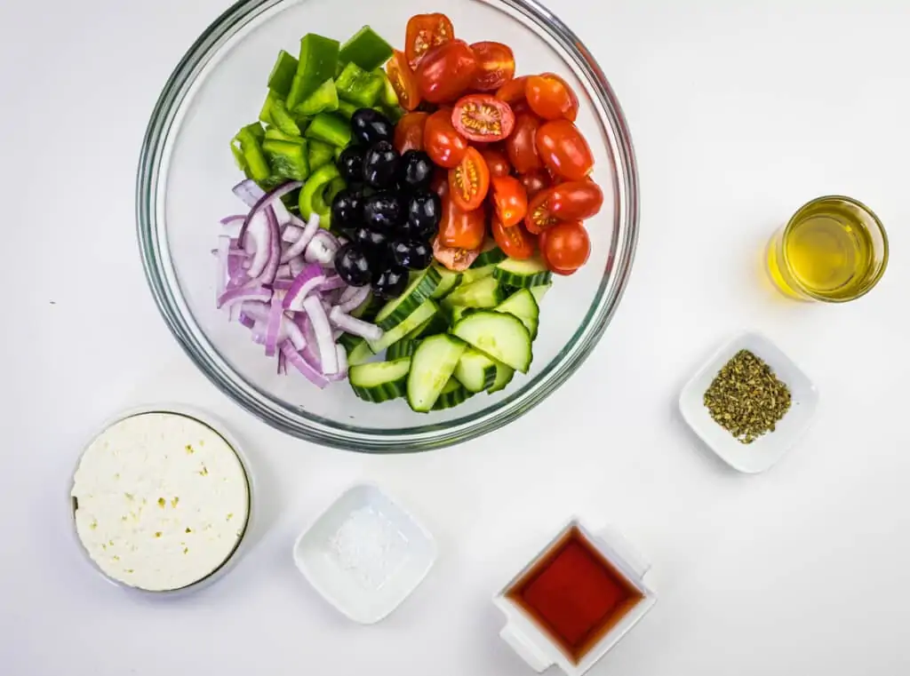 chop everything and get ready to assemble the greek salad