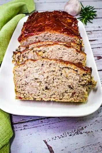 sliced keto turkey meatloaf on a platter