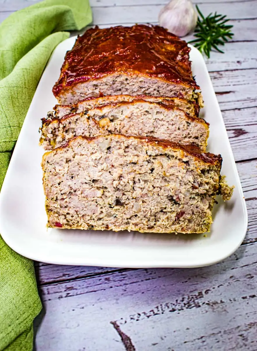 sliced keto turkey meatloaf on a platter