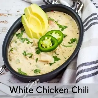 keto white chicken chili in a black dish