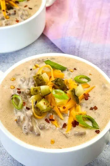 keto cheeseburger soup in a white bowl