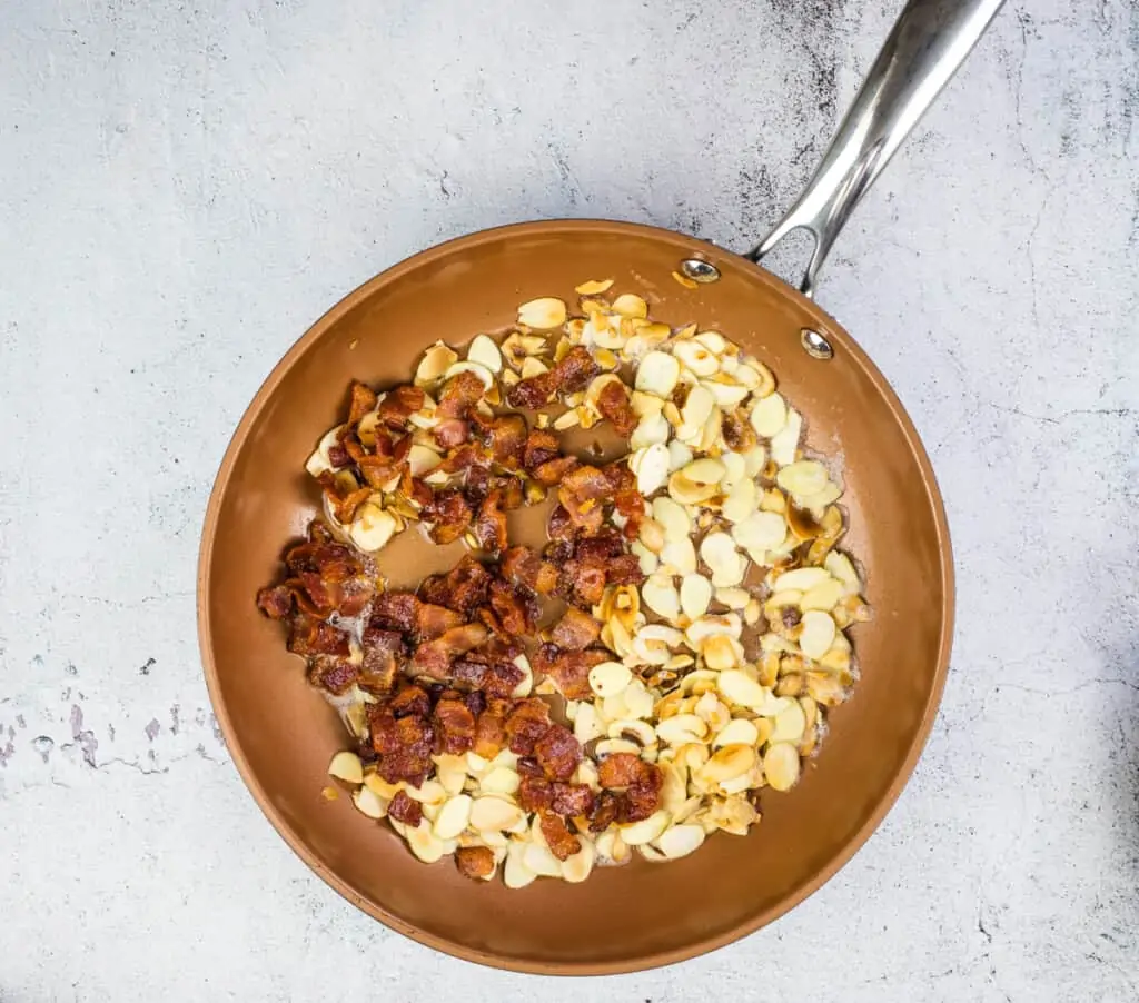 bacon and almonds and butter in a pan