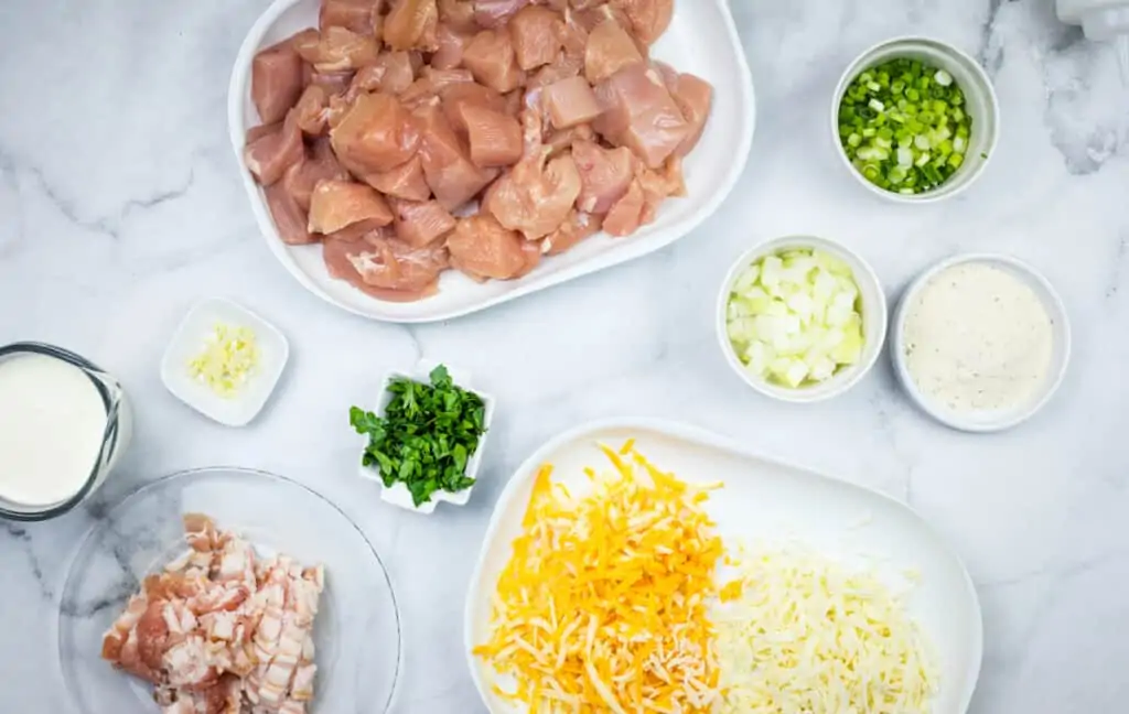 prepped ingredients for chicken bacon ranch casserole