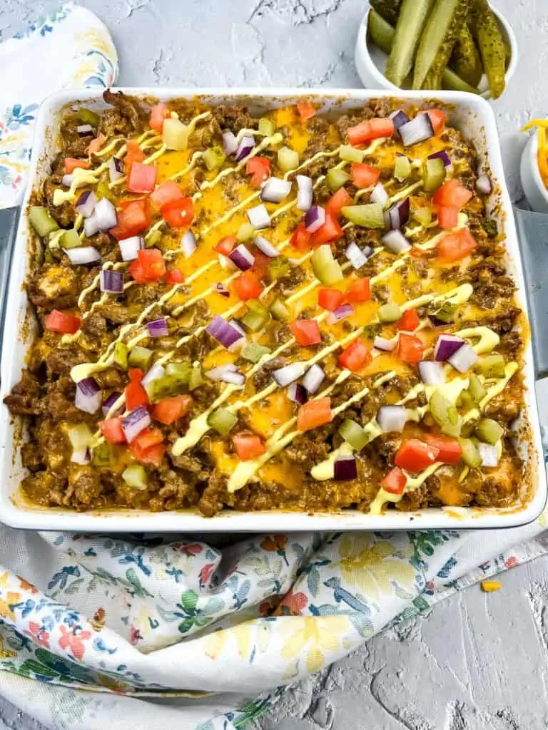 keto cheeseburger casserole in a casserole dish