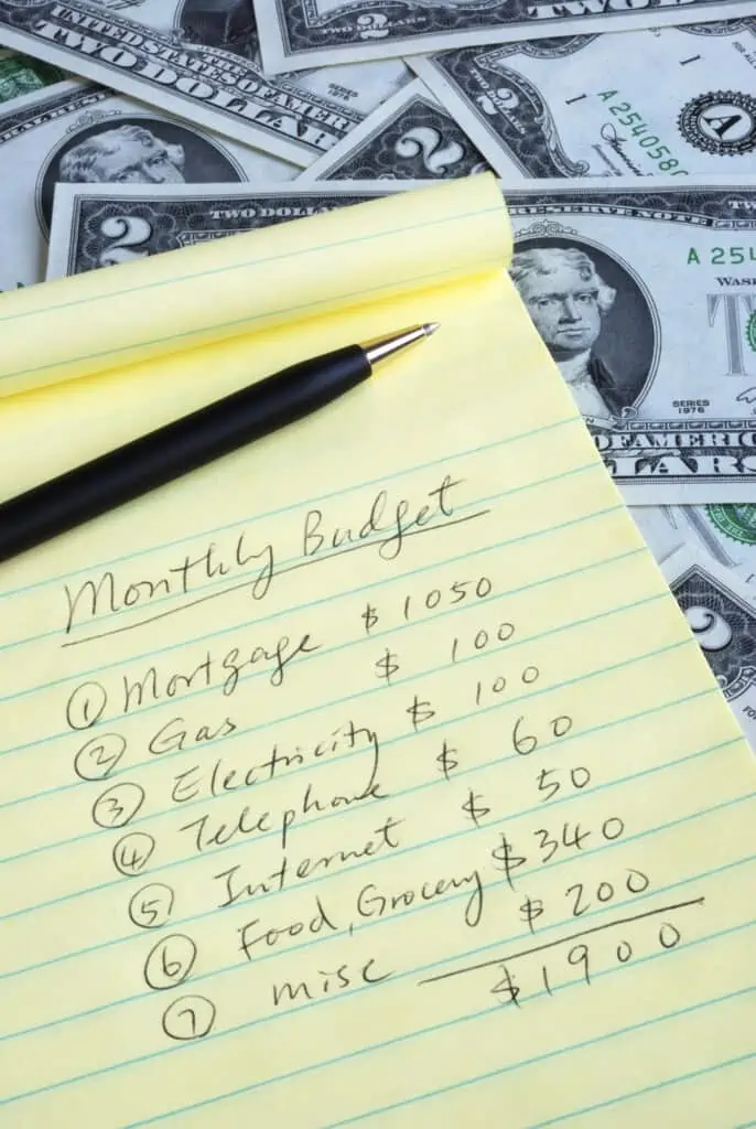 a budgeting notepad with money in the background