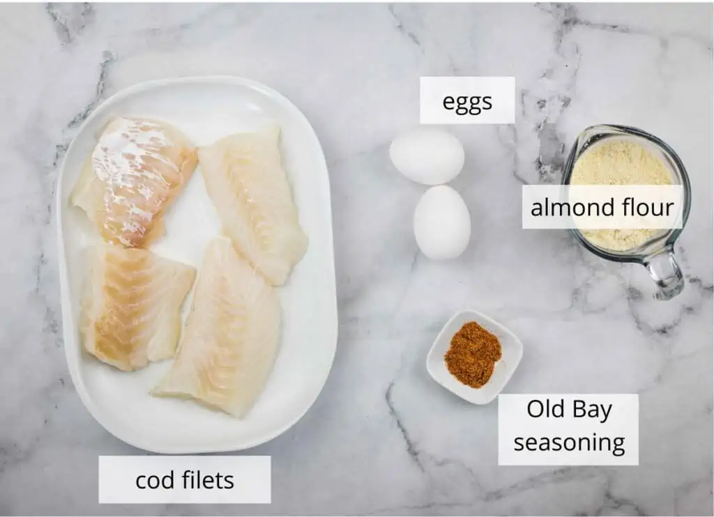 Labeled ingredients to make keto fried cod.