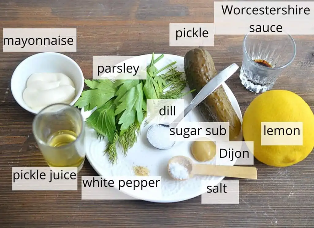 Keto tartar sauce ingredients labeled.