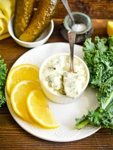 Keto tartar sauce in a white bowl.