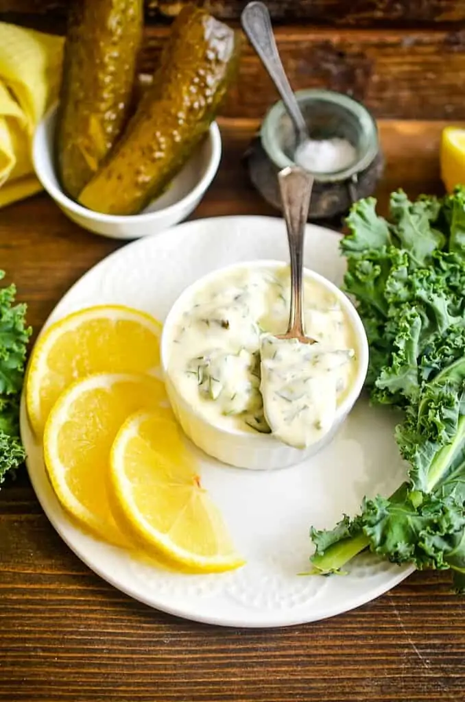 Keto tartar sauce in a white bowl. 