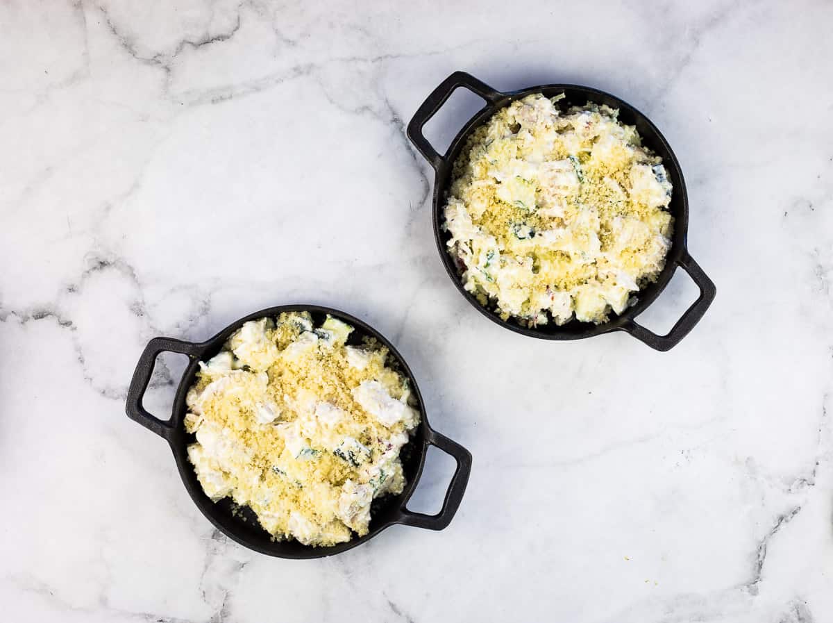 Transferred to baking dishes and topped with pork panko.