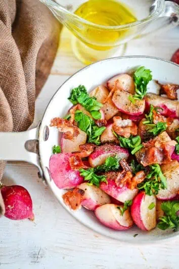 Sauteed radishes in a skillet.