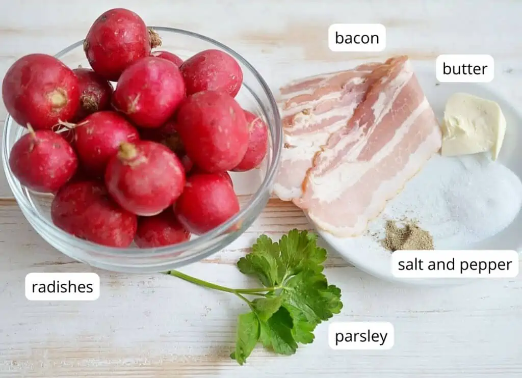 Labeled ingredients to make keto Sauteed Radishes with Bacon.
