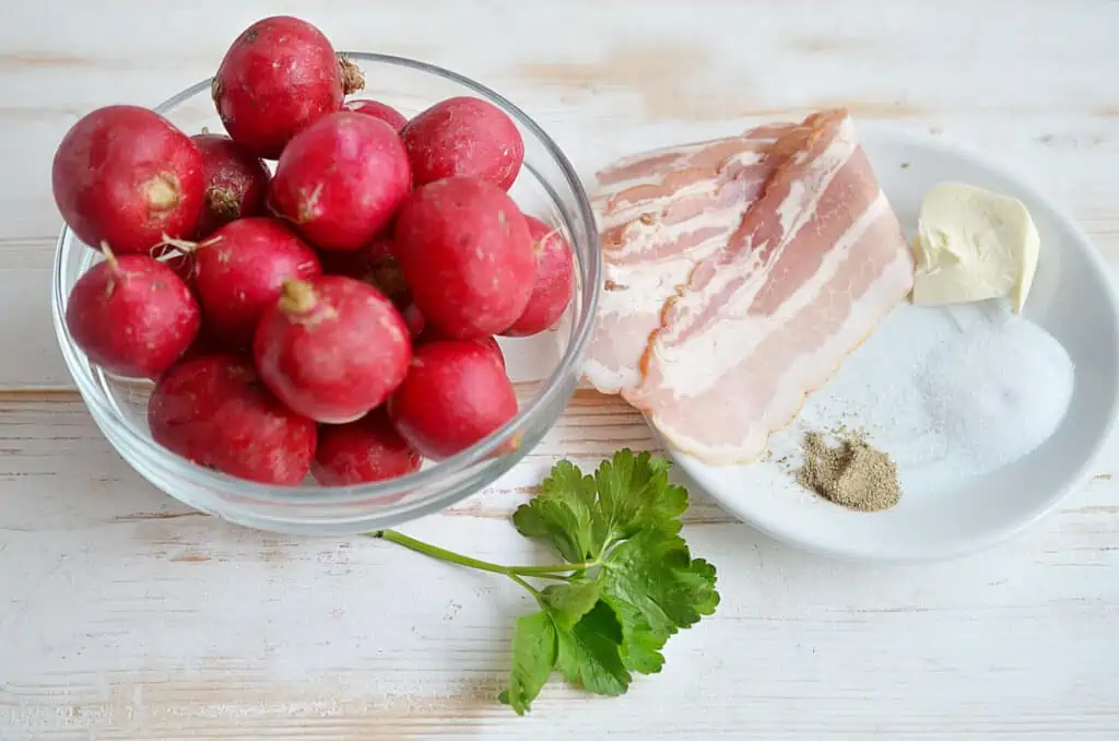 Ingredients to make Sauteed Radishes with Bacon.