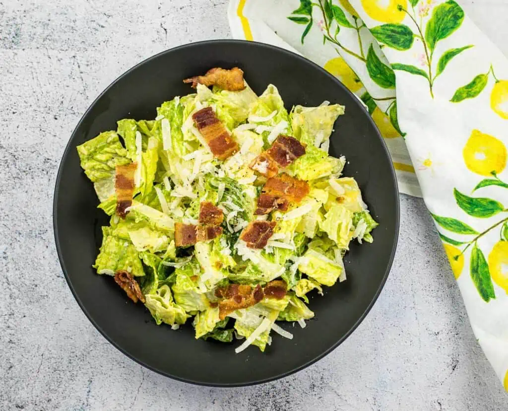 keto Caesar dressing salad in a bowl.