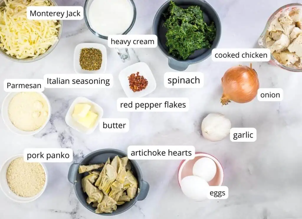 Labeled ingredients to make keto Chicken Florentine Bake with Artichoke Hearts.