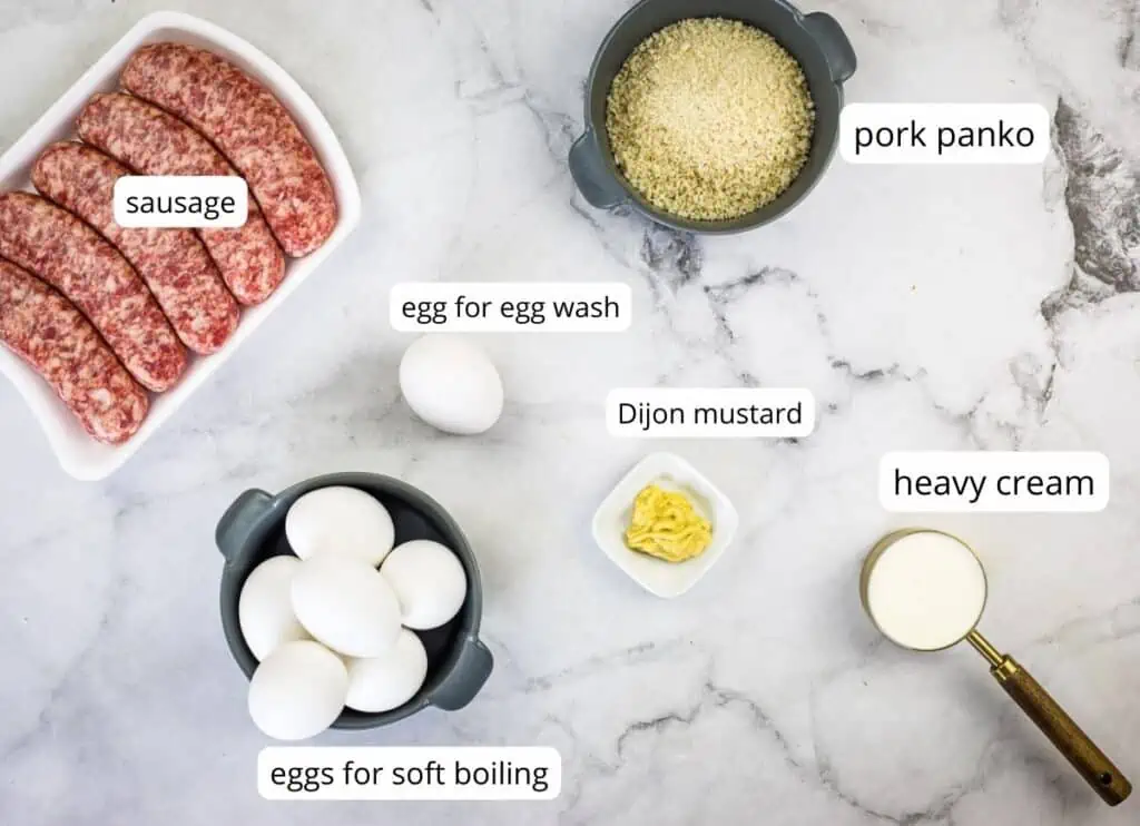 Labeled ingredients to make keto Scotch Eggs.